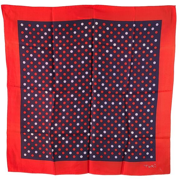 Vintage Tori red white blue polka dot acetate scarf 26 x 26 - Picture 1 of 2